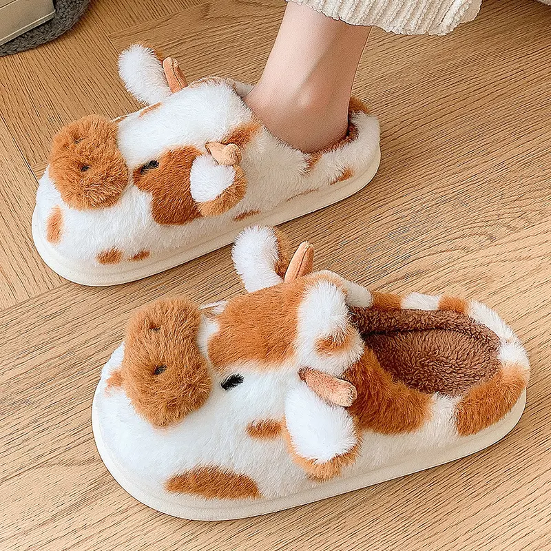 Women's Winter Spotted Cow Cotton Slippers Warm Indoor Household Plush Slippers with Thick Bottom for Home Comfort Shoes 2025
