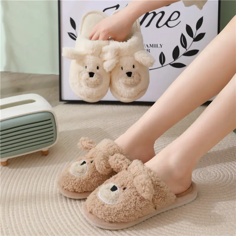 Cute Cartoon Puppy Couple Indoor Slippers 2025 Winter Comfort Round Toe Cotton Home Slides Non Slip Warm Short Plush Slippers