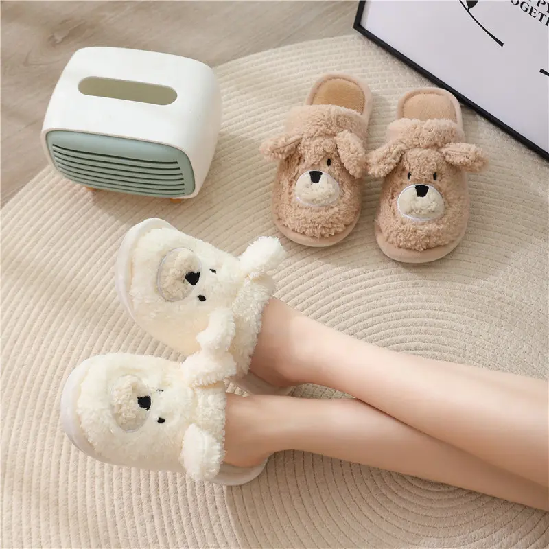 Cute Cartoon Puppy Couple Indoor Slippers 2025 Winter Comfort Round Toe Cotton Home Slides Non Slip Warm Short Plush Slippers