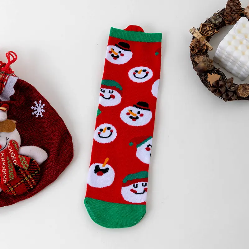 Red Knit Cotton Christmas Socks Women 2025 Winter Cute Cartoon Snowman Elk Print Couple Socks Comfort Warm Stockings Unisex