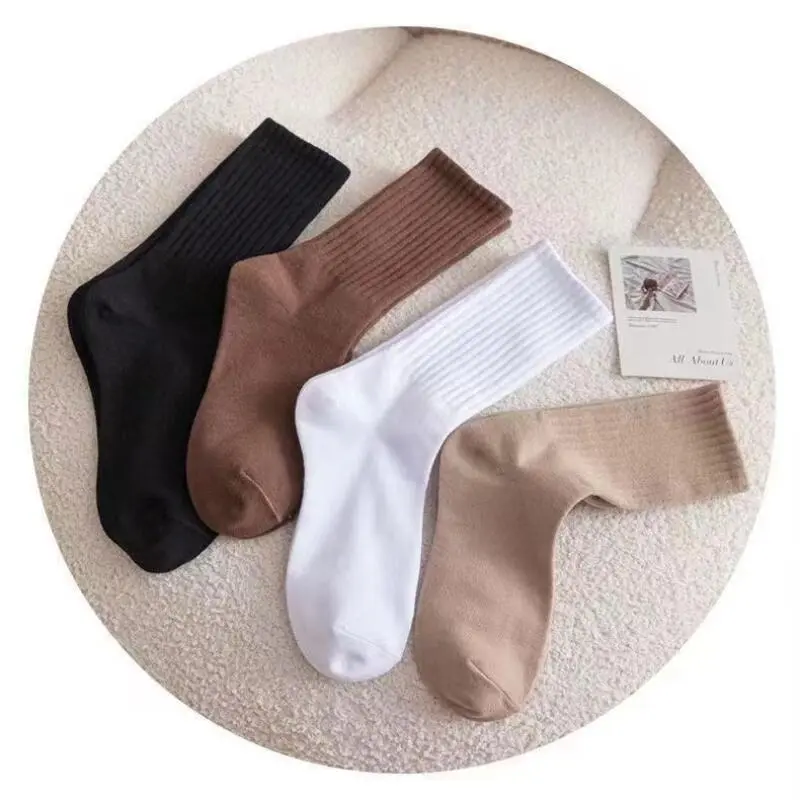 Classic Solid White Soft Cotton Socks Women 2025 Winter Autumn Warm Absorb Sweat Knit Socks Mid Calf Breathable Stockings 5pairs