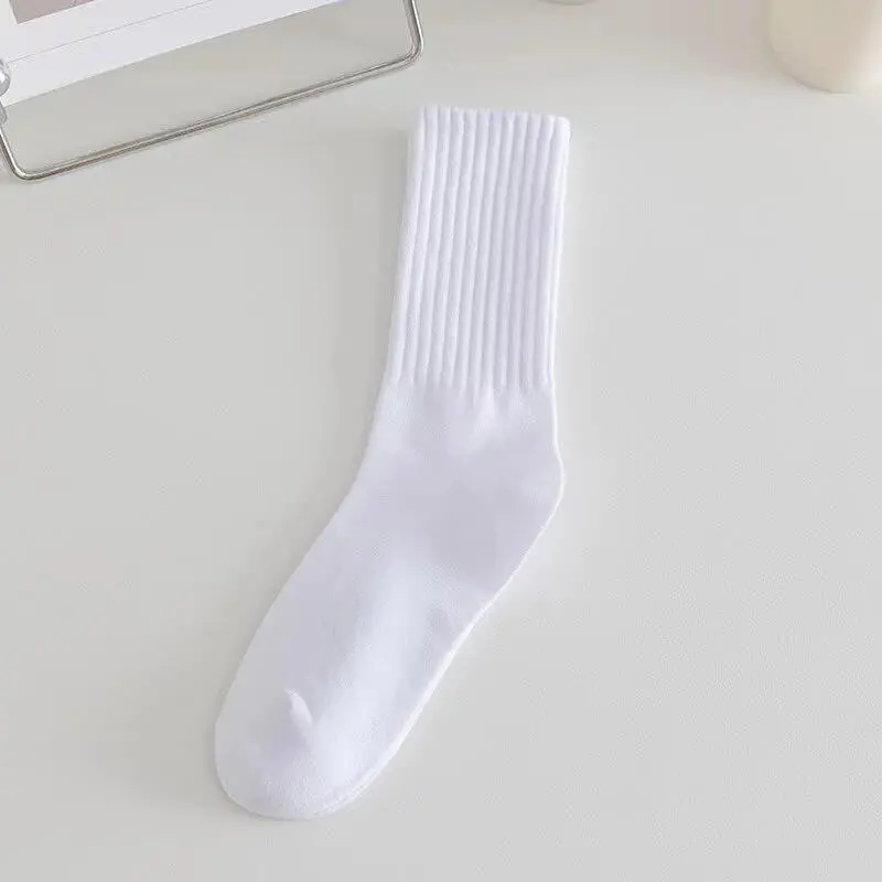 Classic Solid White Soft Cotton Socks Women 2025 Winter Autumn Warm Absorb Sweat Knit Socks Mid Calf Breathable Stockings 5pairs