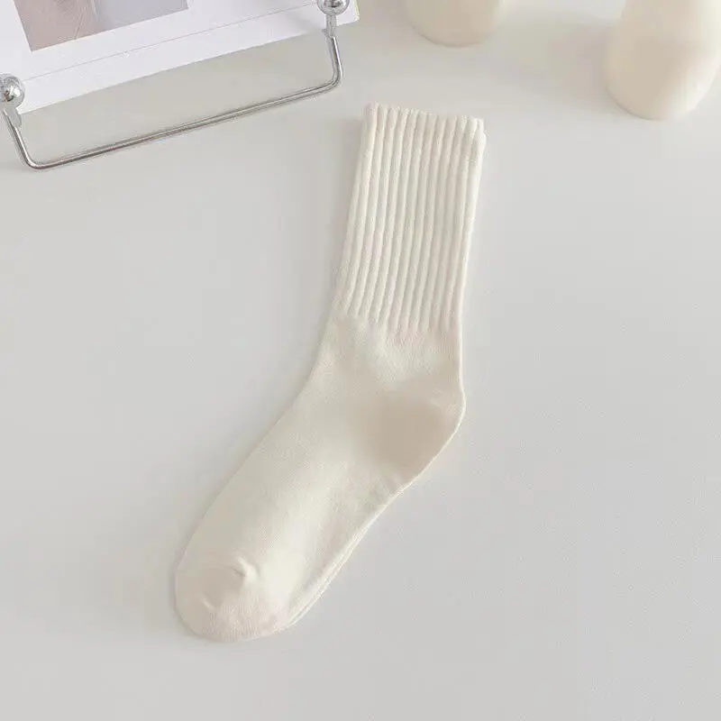 Classic Solid White Soft Cotton Socks Women 2025 Winter Autumn Warm Absorb Sweat Knit Socks Mid Calf Breathable Stockings 5pairs