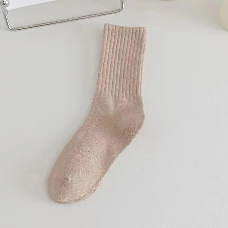 Classic Solid White Soft Cotton Socks Women 2025 Winter Autumn Warm Absorb Sweat Knit Socks Mid Calf Breathable Stockings 5pairs