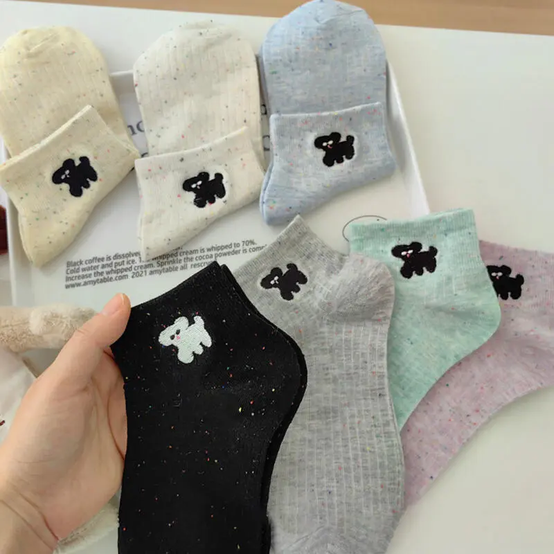 Cute Cartoon Dog Women's Cotton Socks 2025 Autumn 5 Pairs Sweet Candy-colored Ankle Socks Breathable Non Slip Girl's Stockings