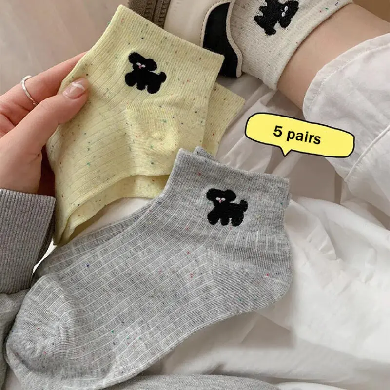 Cute Cartoon Dog Women's Cotton Socks 2025 Autumn 5 Pairs Sweet Candy-colored Ankle Socks Breathable Non Slip Girl's Stockings