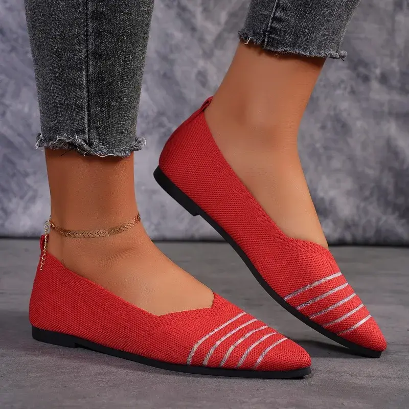 New Women Pointed Toe Flat Shoes Solid Color Knitted Slip on Shoes Casual Breathable Ballet Flats Women Flat Shoes Loafers Women