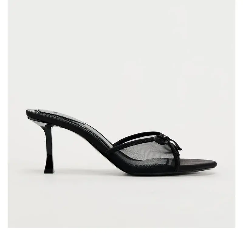 Women Heels Sandals Fashion Heel Slippers Lace Mesh Bow Luxury Sandals Zapatos De Mujer