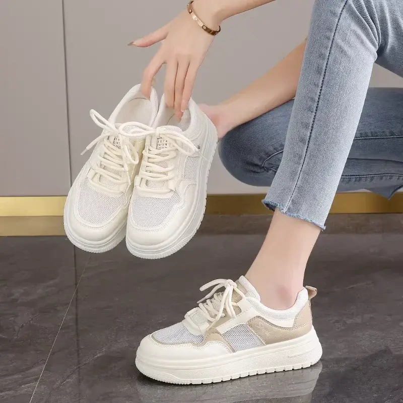 2025 Summer Mesh Breathable New White Shoes Women's Thick-soled Height-increasing Sneakers Fashionable Casual Shoes