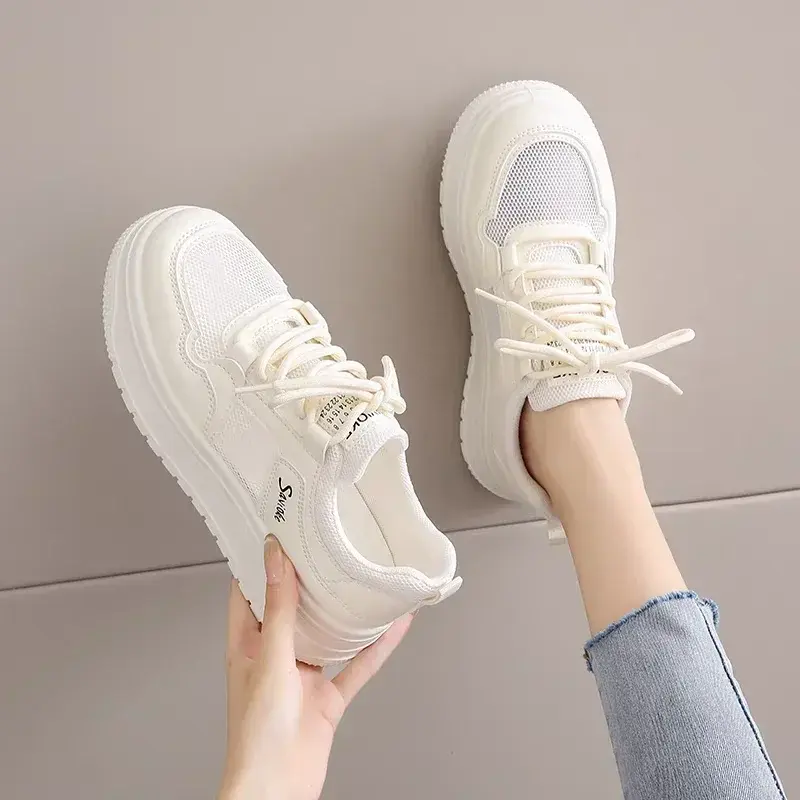 2025 Summer Mesh Breathable New White Shoes Women's Thick-soled Height-increasing Sneakers Fashionable Casual Shoes