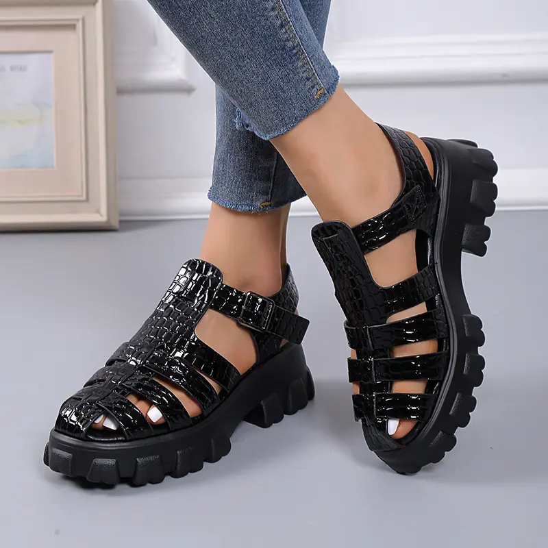 Summer Fashion Gladiator Women Narrow Band Cross-tied Platform Square Heel Peep Toe  Sexy Mature Shoes Ladies Female