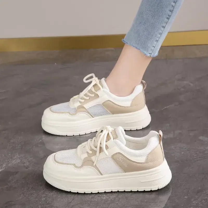 2025 Summer Mesh Breathable New White Shoes Women's Thick-soled Height-increasing Sneakers Fashionable Casual Shoes