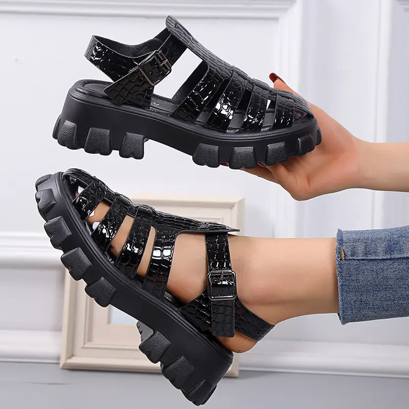 Summer Fashion Gladiator Women Narrow Band Cross-tied Platform Square Heel Peep Toe  Sexy Mature Shoes Ladies Female