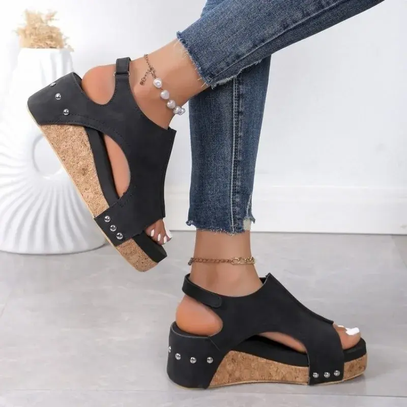 Plus Size 35-43 Shoes for Women Fashion Casual Solid Color Flat Summer Daily Wear Peep Toe Platform Wedge High Heels Sandals