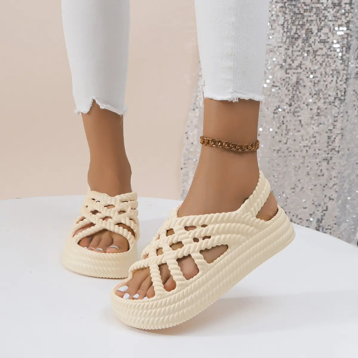 Platform Sandals Women Summer Shoes for Women 2024 Trend Open Toe Ankle Strap Beach Shoes Flat Heeled Sandals