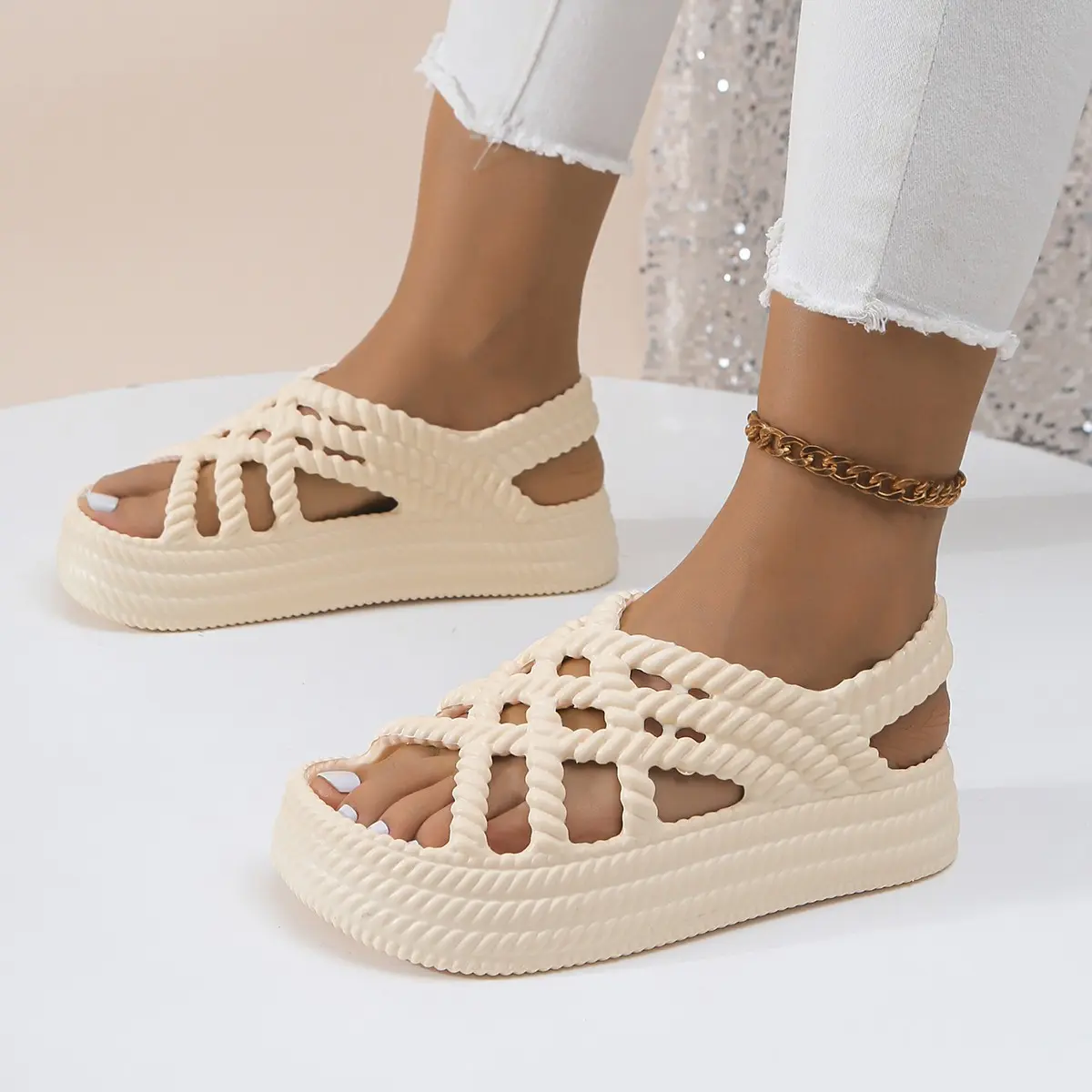 Platform Sandals Women Summer Shoes for Women 2024 Trend Open Toe Ankle Strap Beach Shoes Flat Heeled Sandals