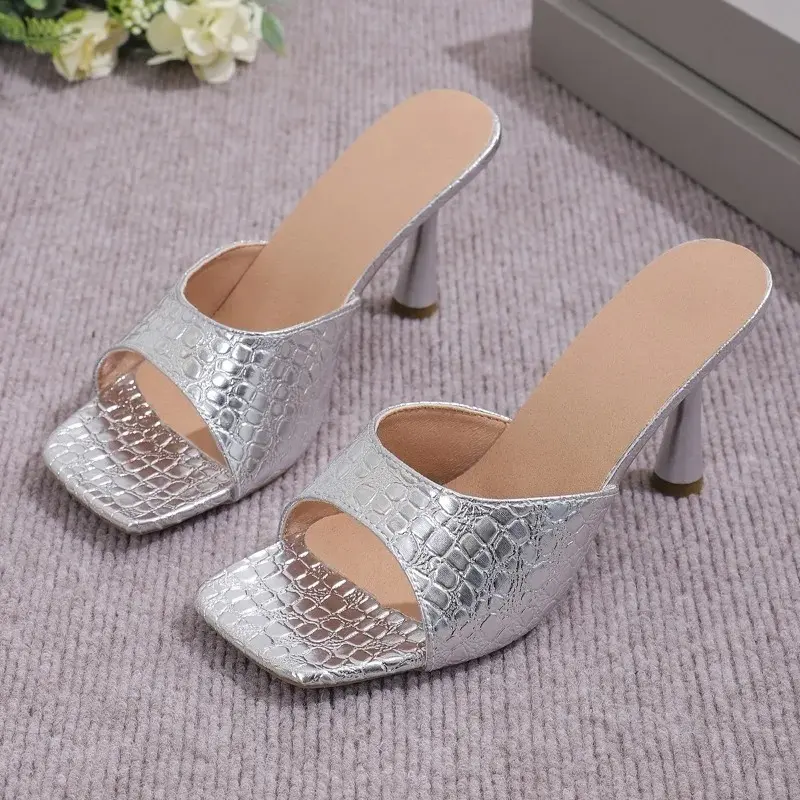 Women High Heels Slippers  Summer New Fashion Square Toe Flip Flops Sandals Design Open Toe Slingback Slides Female Pumps