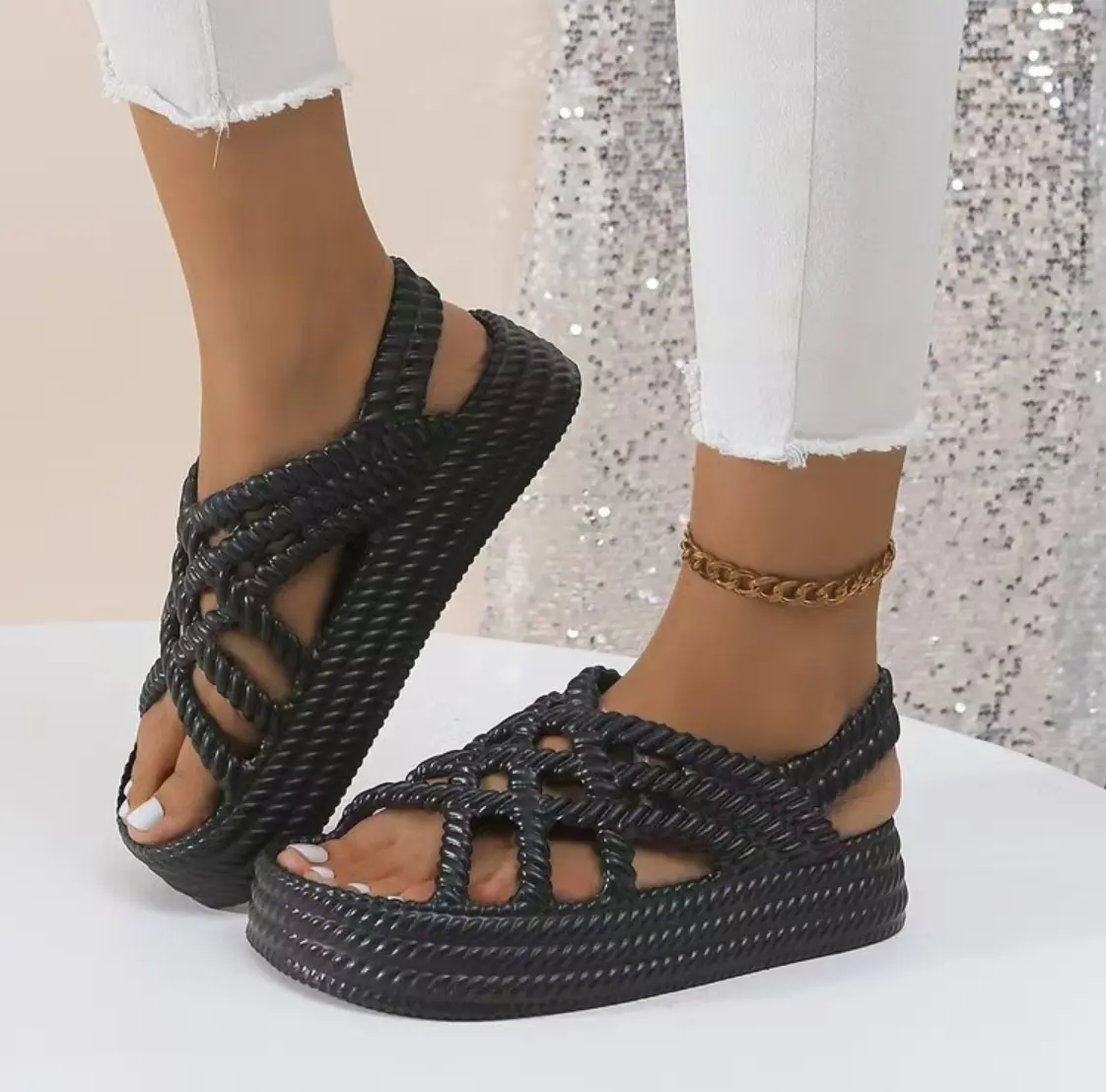 Platform Sandals Women Summer Shoes for Women 2024 Trend Open Toe Ankle Strap Beach Shoes Flat Heeled Sandals