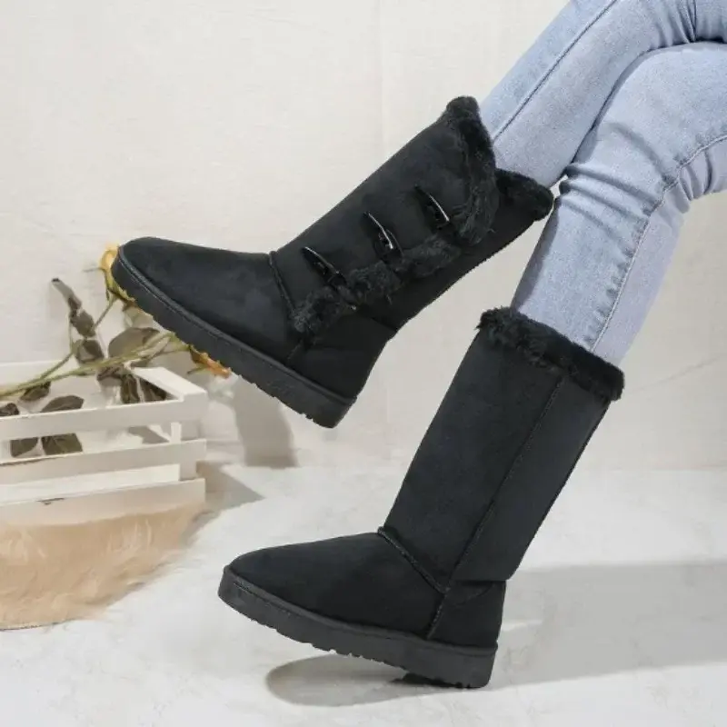 Women Snow Boots Winter Mid-calf Boots Warm Cotton Shoes Fashion Solid Color Button Ladies Brown Long Boots Plus Size 41