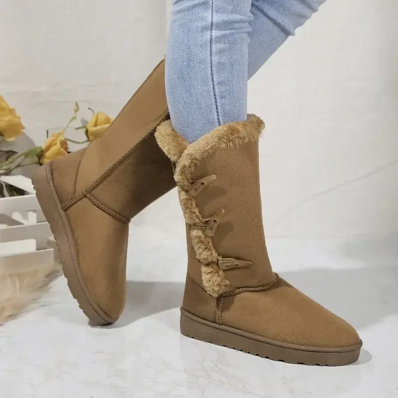 Women Snow Boots Winter Mid-calf Boots Warm Cotton Shoes Fashion Solid Color Button Ladies Brown Long Boots Plus Size 41