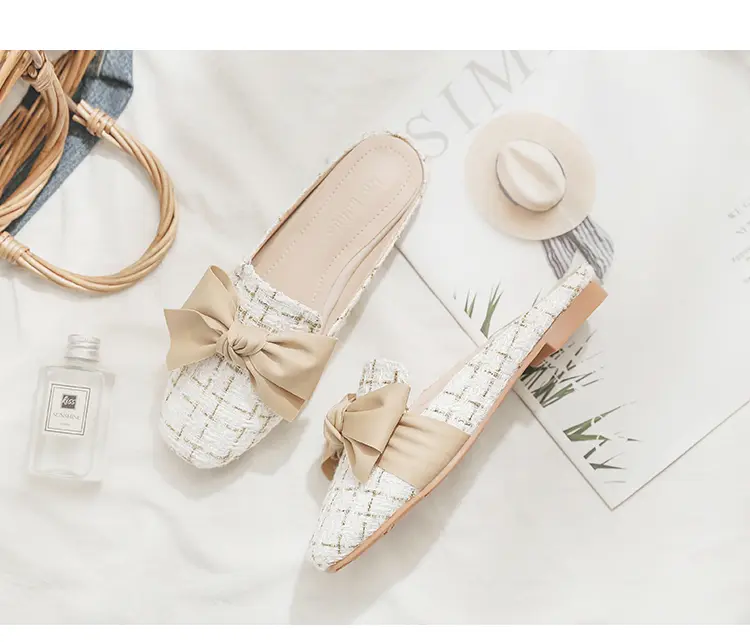 2023 Luxury Woman Mules Summer Close Toe Women Slippers Bowtie Lazy Slides Flat Heel Girl Slippers Korean Outdoor Flip Flops