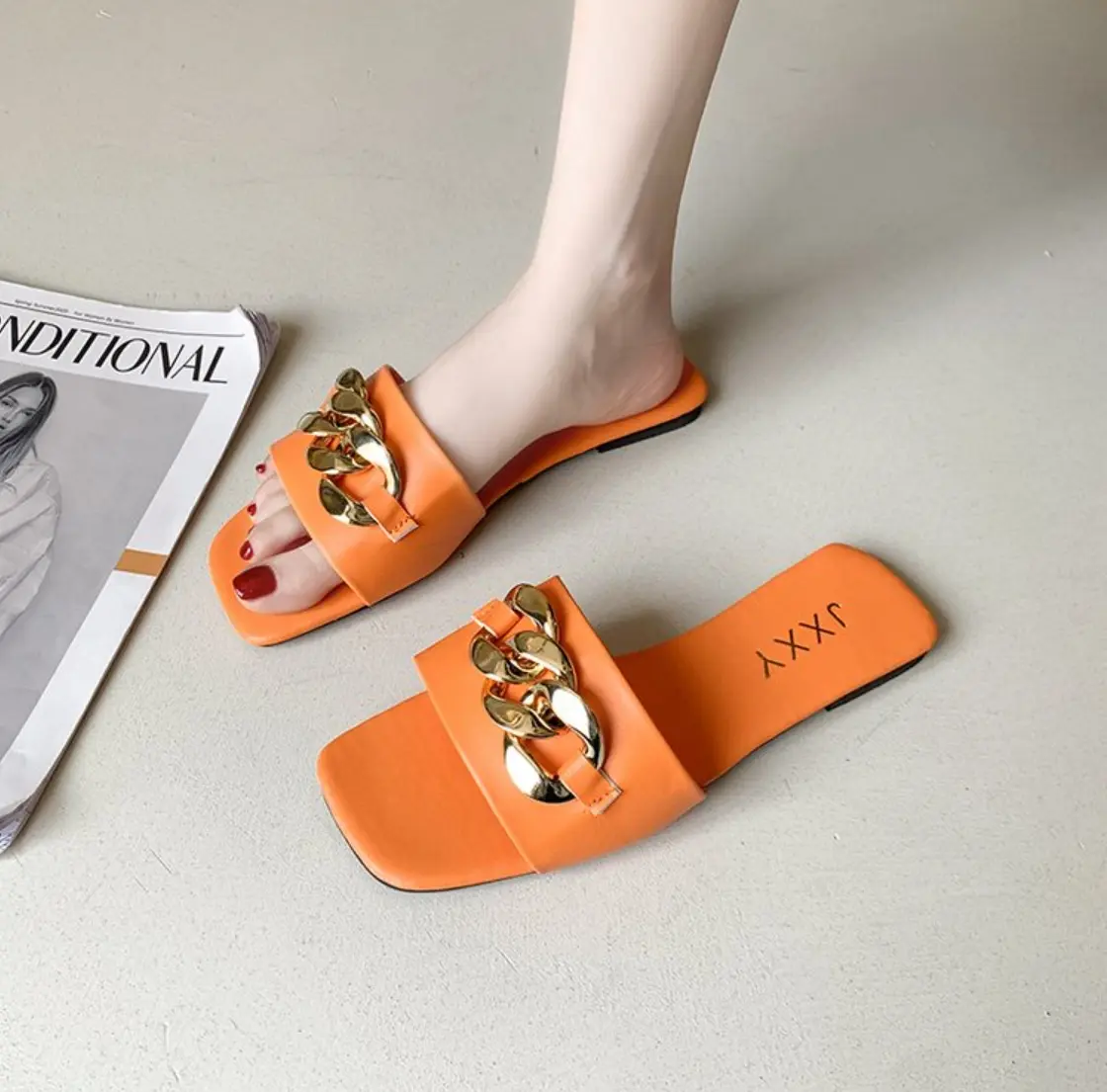 Plus Size 35-43 Flat Leopard Women'S Slippers New European American Metal Chain Square Toe Flat Shoes Women'S Sandals Slippers