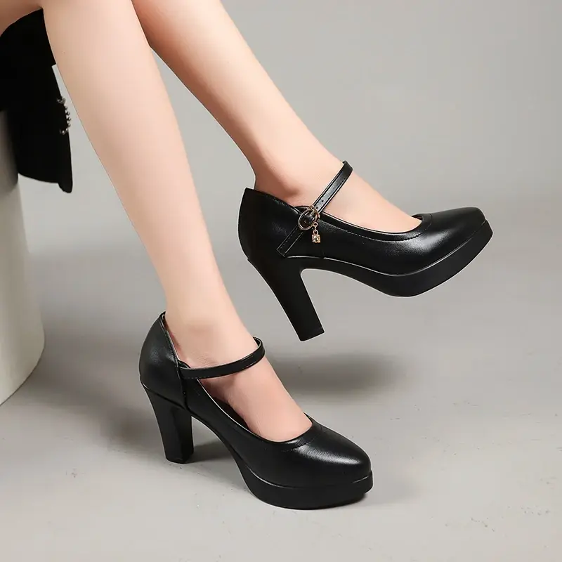 Ankle Strap Thick Heels Pumps for Women 2024 Pu Leather Office High Heeled Shoes Woman's Elegant Platform Mary Jane Shoes Casual