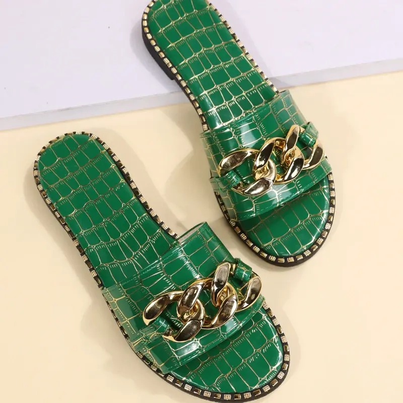 Plus Size 35-43 Flat Leopard Women'S Slippers New European American Metal Chain Square Toe Flat Shoes Women'S Sandals Slippers