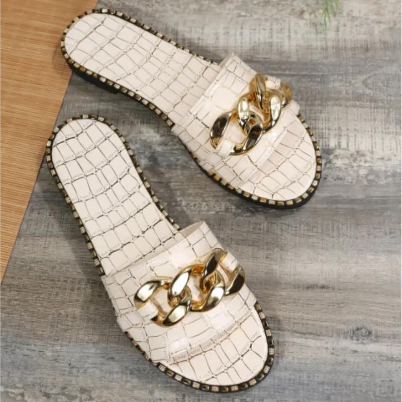 Plus Size 35-43 Flat Leopard Women'S Slippers New European American Metal Chain Square Toe Flat Shoes Women'S Sandals Slippers