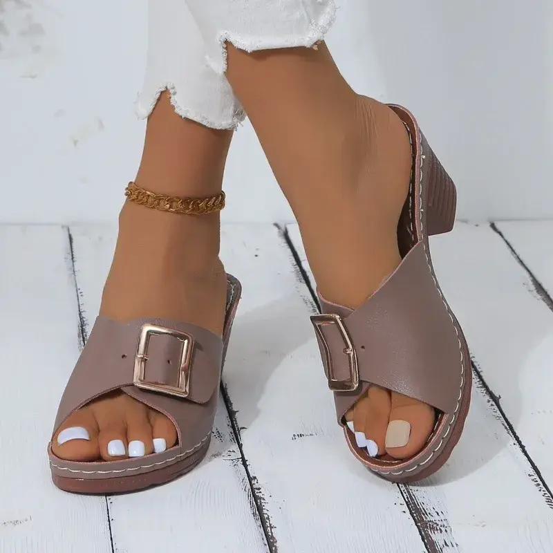 Women Slippers 2024 Summer New Fashion Soft Platform Shoes Ladies Chunky Heels Buckle Designer Slippers