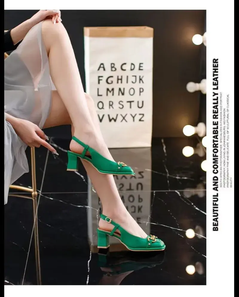 Women's Mid-heel 5.5CM 2024 Summer French Style Back Empty Female Thick Heel Square Toe Shoes Black Green