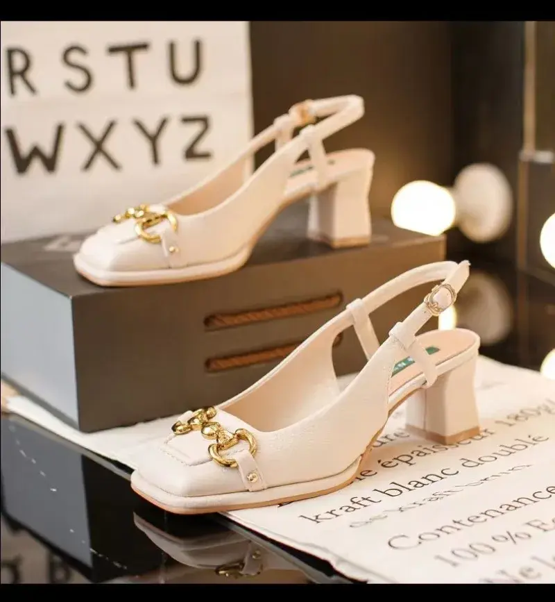 Women's Mid-heel 5.5CM 2024 Summer French Style Back Empty Female Thick Heel Square Toe Shoes Black Green