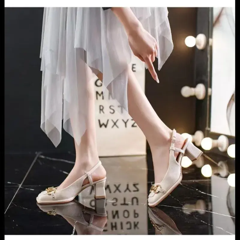 Women's Mid-heel 5.5CM 2024 Summer French Style Back Empty Female Thick Heel Square Toe Shoes Black Green