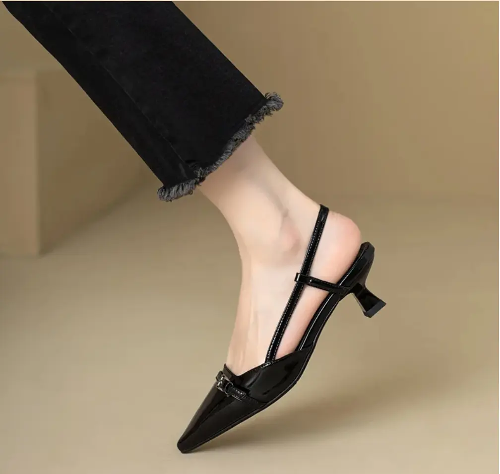 2024 New Summer French Wine Red Pointed Patent Leather Mid-heel Overhead Sandals for Women Retro Skinny Heel Back Empty Shoes