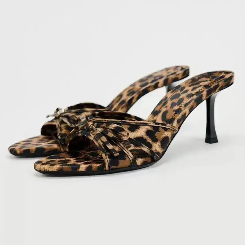 2025 New European and American High Quality Women Shoes Bow Knot Leopard Print High Heel Slippers Women Slippers