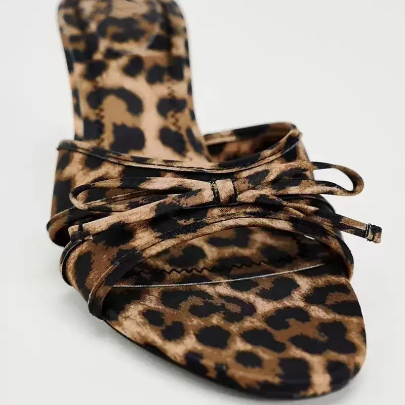 2025 New European and American High Quality Women Shoes Bow Knot Leopard Print High Heel Slippers Women Slippers