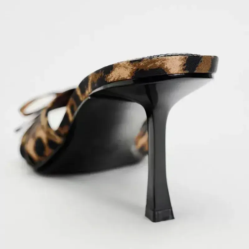 2025 New European and American High Quality Women Shoes Bow Knot Leopard Print High Heel Slippers Women Slippers