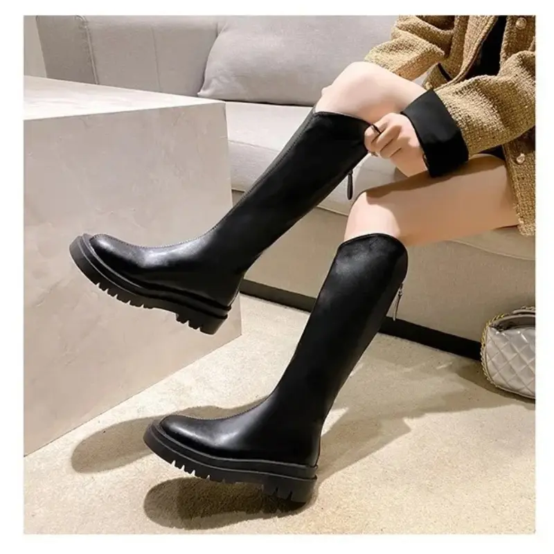 Elastic High-Cut Boots Women's Spring Autumn round Toe Thick Heel Knight Style Knee-High Boots Comfortable Breathable Leather
