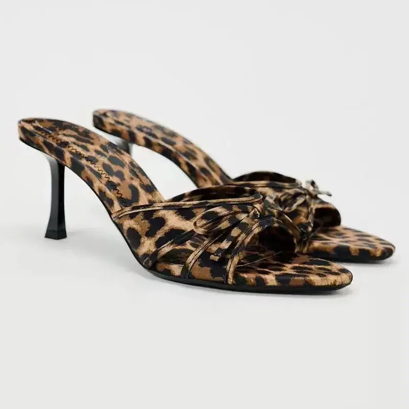 2025 New European and American High Quality Women Shoes Bow Knot Leopard Print High Heel Slippers Women Slippers