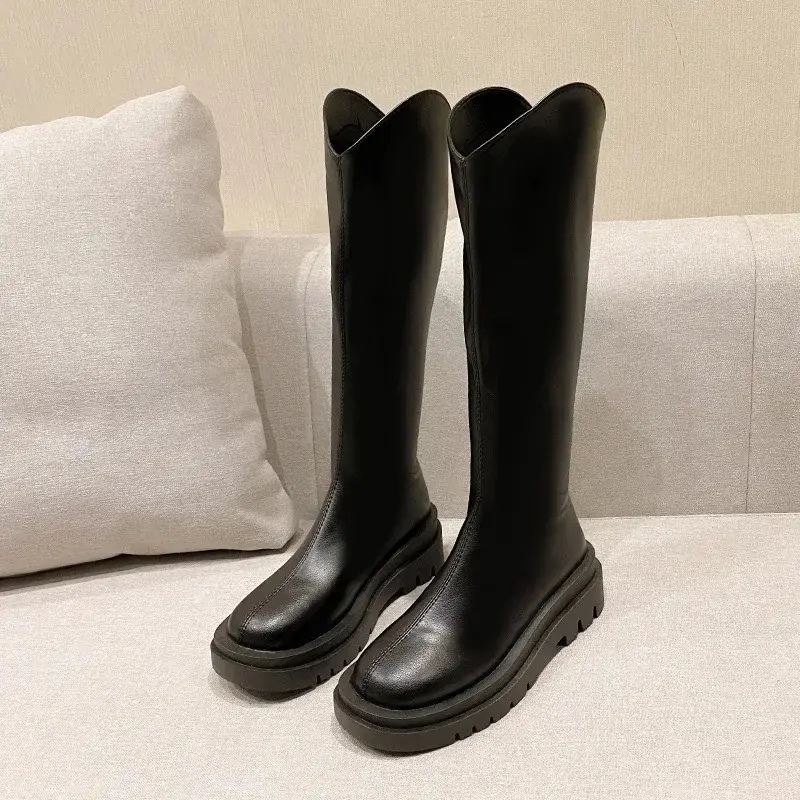 Elastic High-Cut Boots Women's Spring Autumn round Toe Thick Heel Knight Style Knee-High Boots Comfortable Breathable Leather