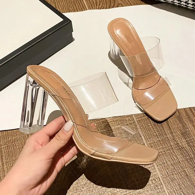 Summer Women Pumps Sandals 9cm Jelly Slippers Sexy Open Square Toe High Heels Women Transparent Slippers Shoe Heel Clear Sandals