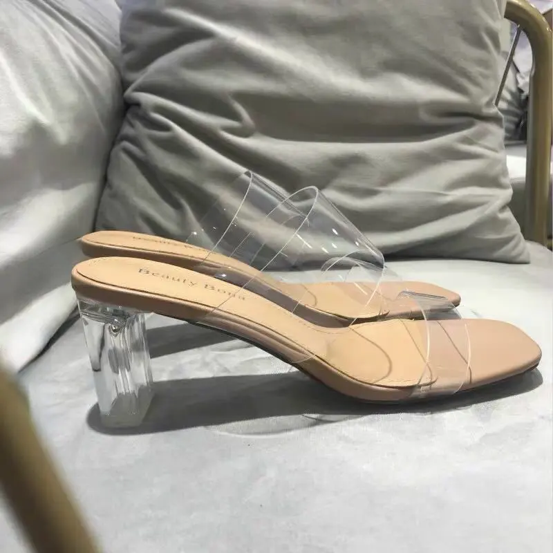 Summer Women Pumps Sandals 9cm Jelly Slippers Sexy Open Square Toe High Heels Women Transparent Slippers Shoe Heel Clear Sandals