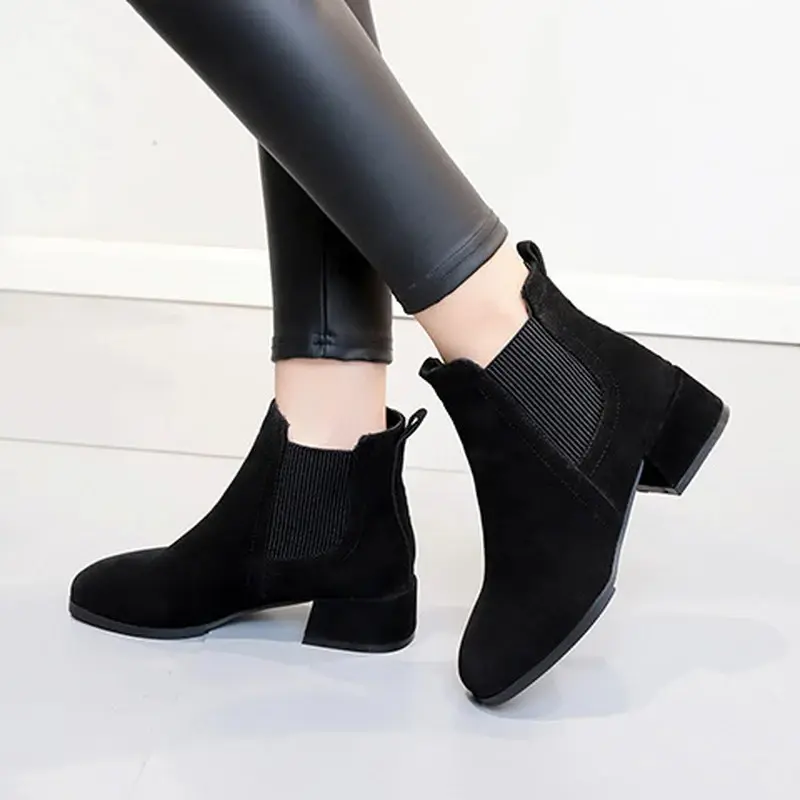 Women  Ankle Boots Autumn Winter  Boots Slip-on Round Toe 3.5cm Square Heel Solid Casual Black Camel Booties Size 35-43