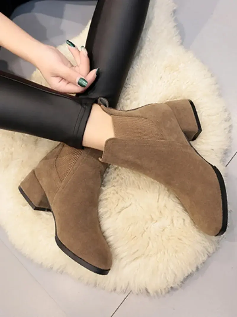 Women  Ankle Boots Autumn Winter  Boots Slip-on Round Toe 3.5cm Square Heel Solid Casual Black Camel Booties Size 35-43