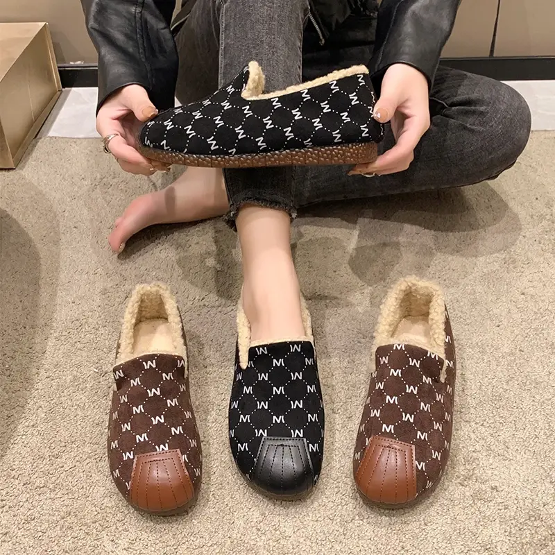 Winter Women's Keep Warm Plus Velvet Flat Cotton Shoes Fashion Shallow Slip on Casual Shoes for Women Outdoor Light Snow Boots