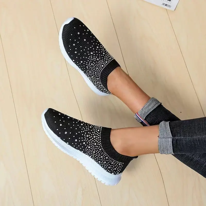 Large Size Rhinestone Elastic Socks Shoes Casual Women's Flying Woven Breathable Lightweight Casual Thick-soled Shoes