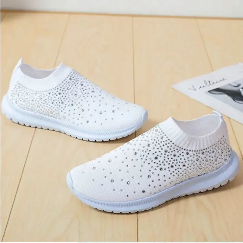 Large Size Rhinestone Elastic Socks Shoes Casual Women's Flying Woven Breathable Lightweight Casual Thick-soled Shoes