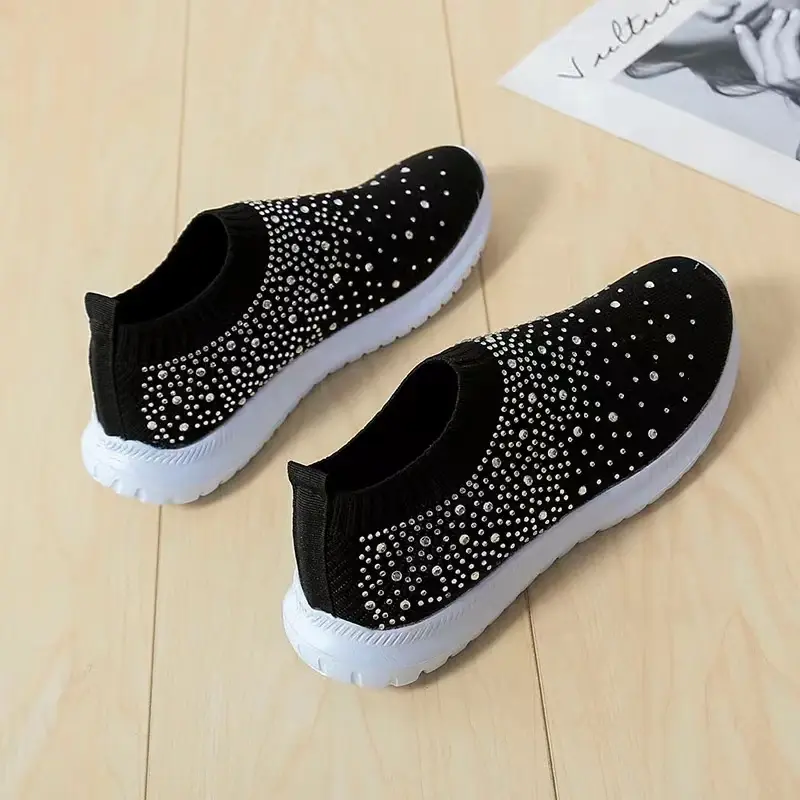 Large Size Rhinestone Elastic Socks Shoes Casual Women's Flying Woven Breathable Lightweight Casual Thick-soled Shoes