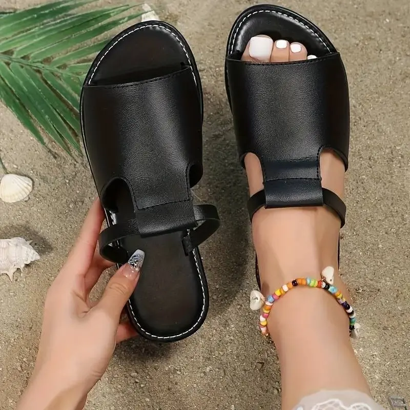 Womens 2024summer New Flat  PU Womens Shoes Outdoor Casual Comfortable Beach Dress Womens Slippers Large Size