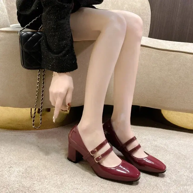 2024 Spring Autumn Women Double Buckle  Shoes Leather Square Head Square Heel Solid Color Women's Shoes